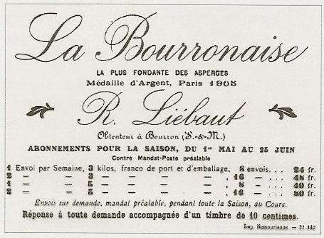 Étiquette commerciale d'un producteur d'asperges du Gâtinais français : La Bourronaise